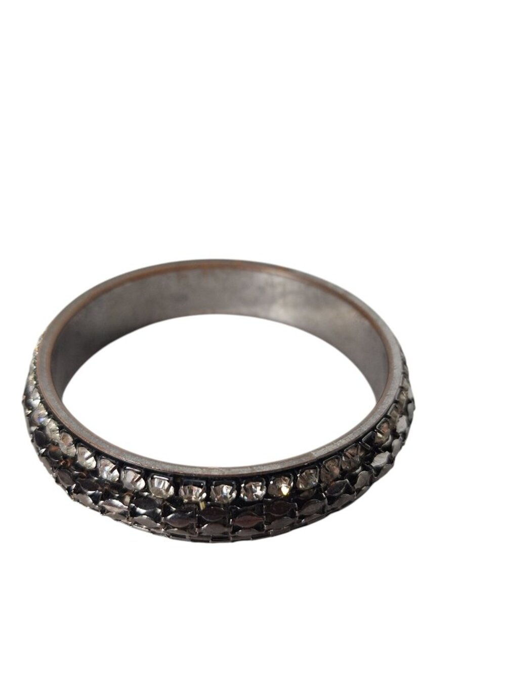 Vintage Dark Metal Rhinestone Bangle Bracelet Crystal Pave Overlay Wide Heavy